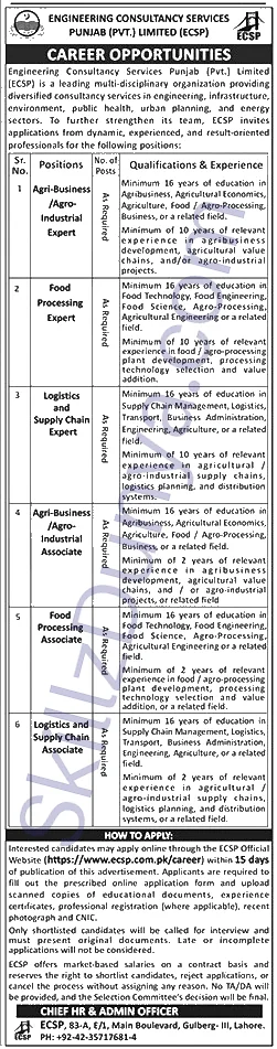 Engineering Consultancy Services Punjab Ecsp — Engineering Consultancy Services Lahore Jobs 2026 — Agri-Business / Agro-Industrial Expert, Food Processing Expert & 3 More Posts Pakistan