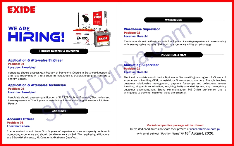 EXIDE Jobs 2026 — Supervisors, Technician & 2 More Posts — Official Newspaper Advertisement | SkillzDunya