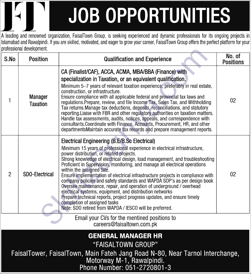 Faisal Town Group — Faisal Town Group Rawalpindi Jobs 2026 — Manager Taxation, SDO-Electrical Pakistan