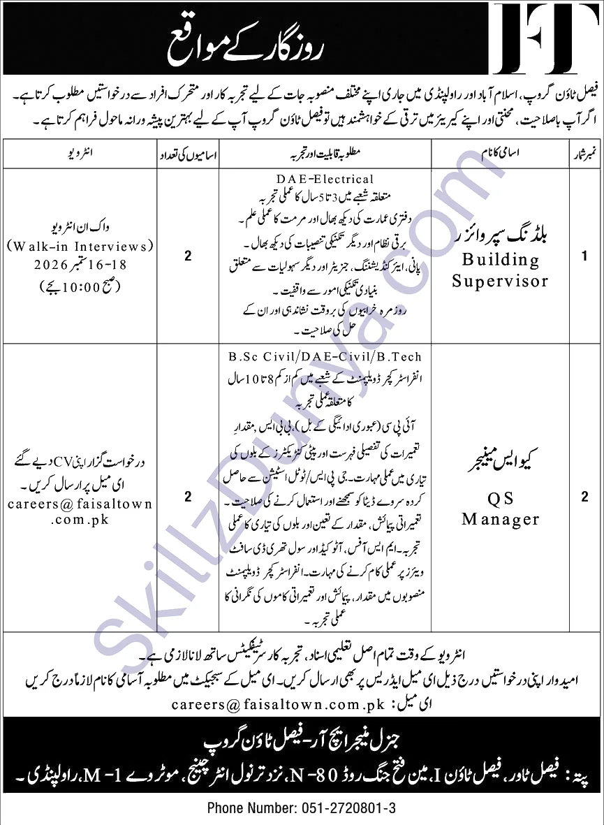 Faisal Town Group — Faisal Town Group Jobs 2026 — Managers, Supervisors | Walk-in Interview Pakistan