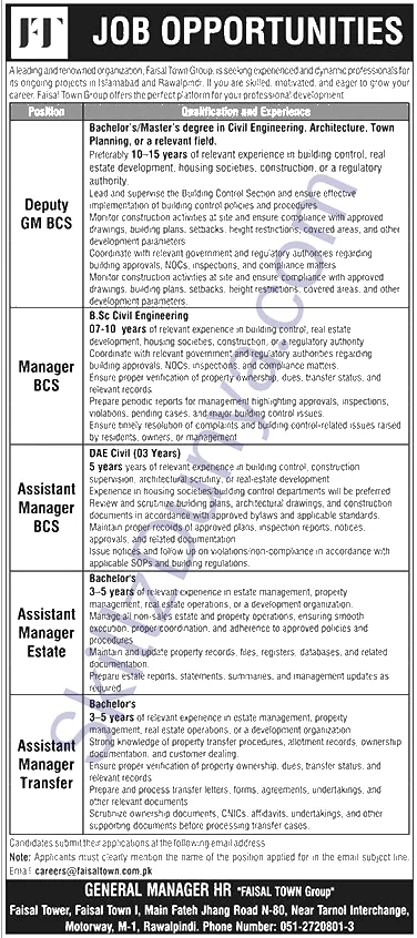 Faisal Town Group — Faisal Town Group Rawalpindi Jobs 2026 — Deputy GM BCS, Manager BCS & 3 More Posts Pakistan