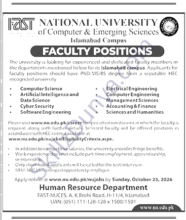 Fast Nuces Islamabad Campus — FAST-NUCES Islamabad Jobs 2026 — Faculty Member Pakistan