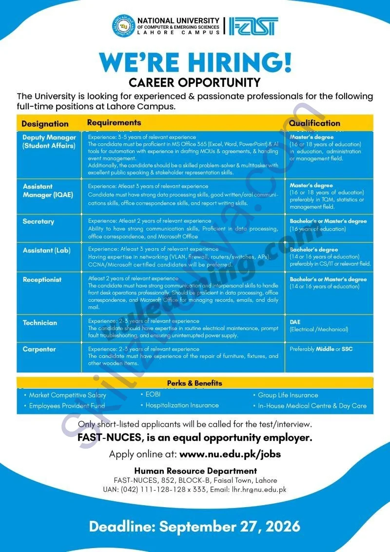 FAST-NUCES Jobs 2026 — Non-Teaching — Official Newspaper Advertisement | SkillzDunya