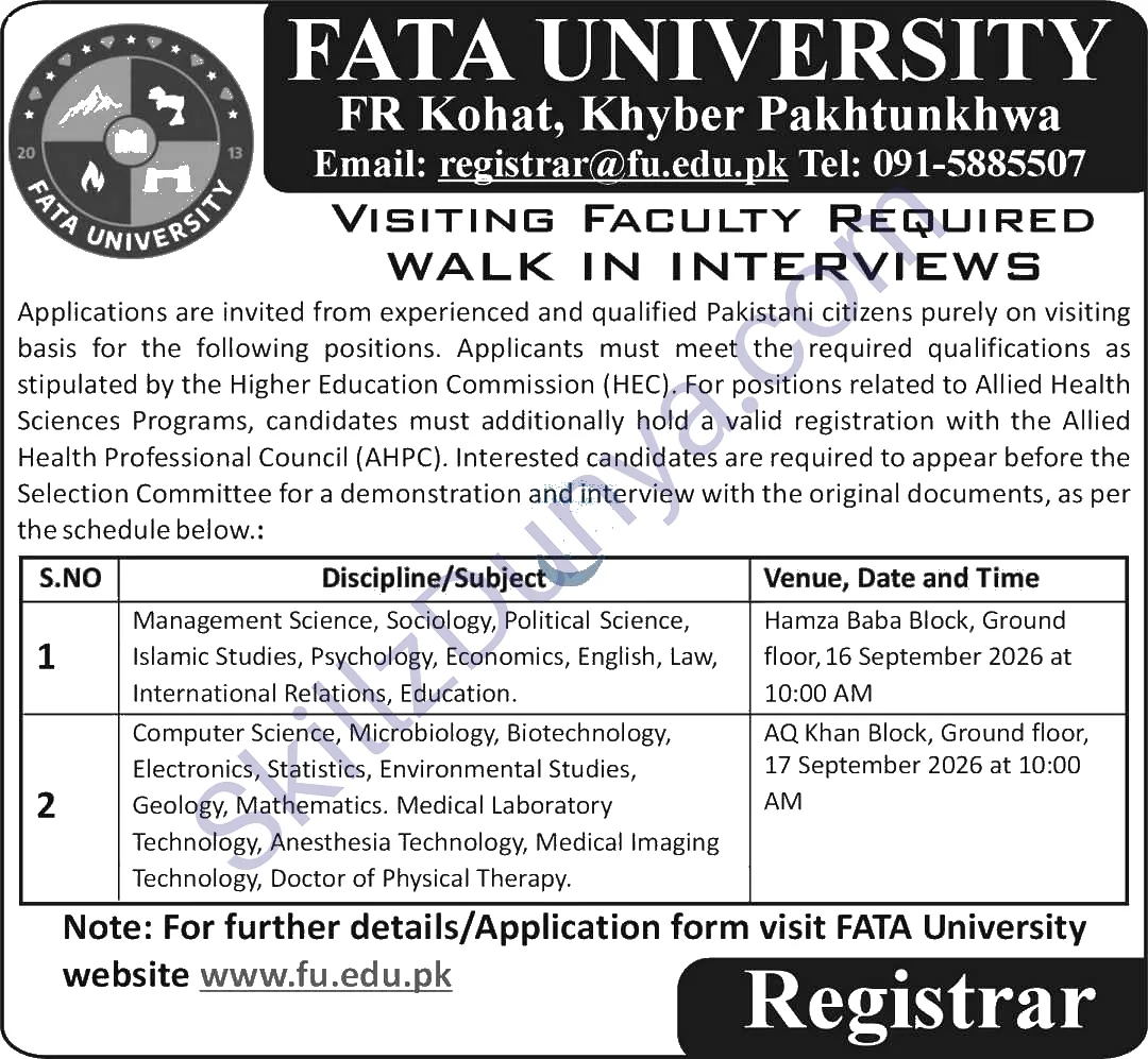 Fata University Fr Kohat — FATA University FR Jobs 2026 — Visiting Faculty | Walk-in Interview Pakistan