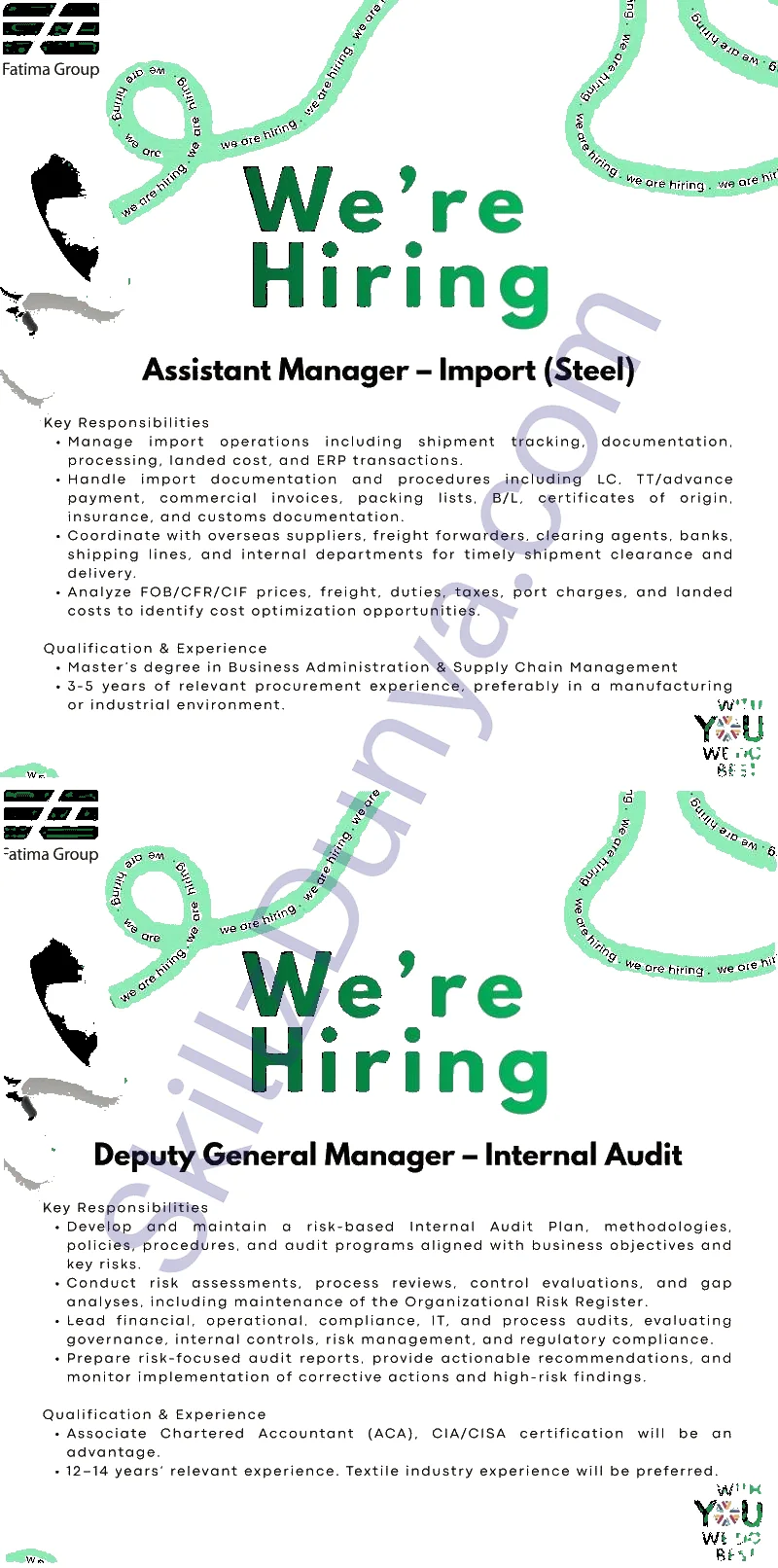 Fatima Group — Fatima Group Jobs 2026 — Assistant Manager - Import (Steel), Deputy General Manager - Internal Audit Pakistan