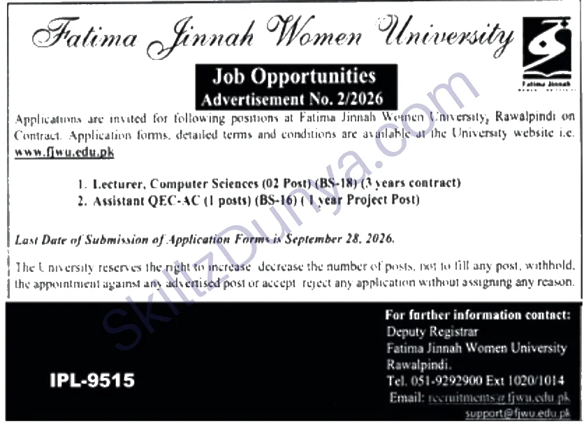 Fatima Jinnah Women University (FJWU) Jobs 2026 — Lecturers, Assistant — Official Newspaper Advertisement | SkillzDunya