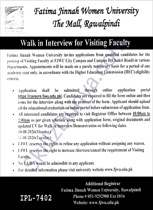 FJWU — Fatima Jinnah Women University (FJWU) Jobs 2026 — Visiting Faculty | Walk-in Interview Pakistan