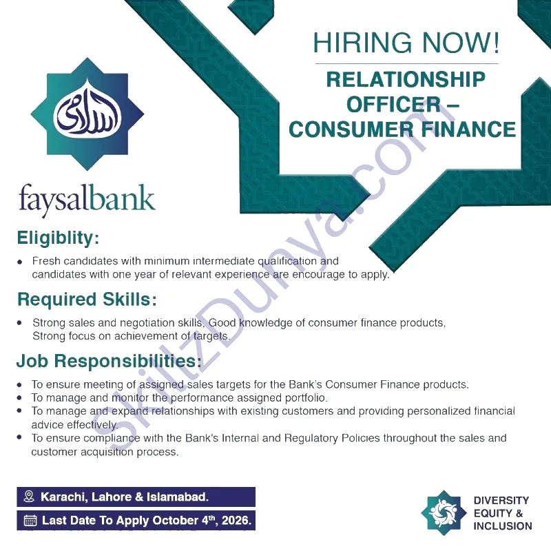 Faysal Bank Limited Jobs 2026 — Relationship Officer Consumer Finance — Official Newspaper Advertisement | SkillzDunya