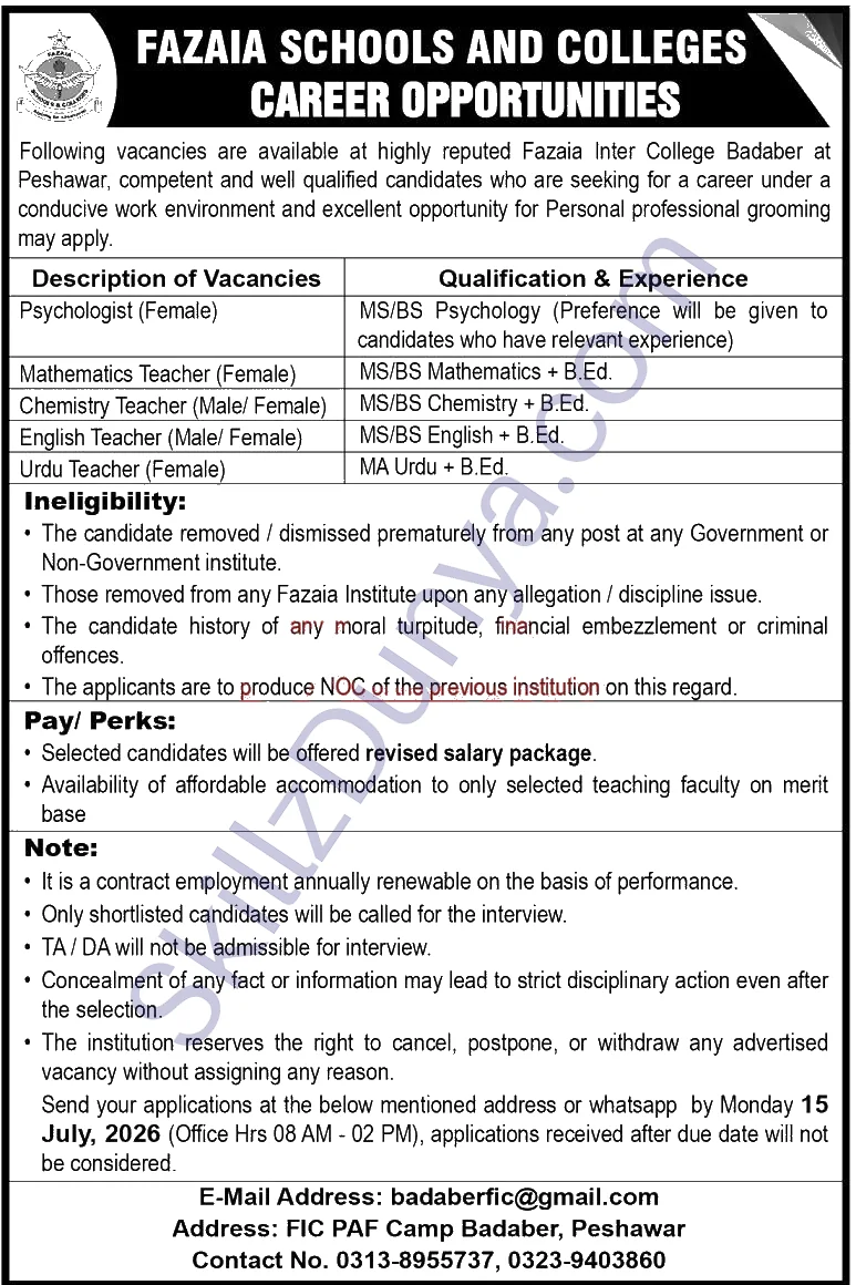 Fazaia Schools And Colleges — Fazaia Schools and Colleges Jobs 2026 — Fazaia Inter College Badaber Peshawar Pakistan