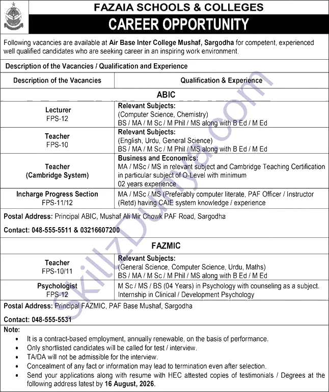 Fazaia Schools and Colleges Jobs 2026 — Air Base Inter College Mushaf, FAZMIC Sargodha — Official Newspaper Advertisement | SkillzDunya