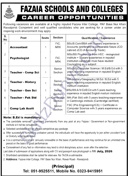 Fazaia Schools and Colleges Jobs 2026 — Official Newspaper Advertisement | SkillzDunya