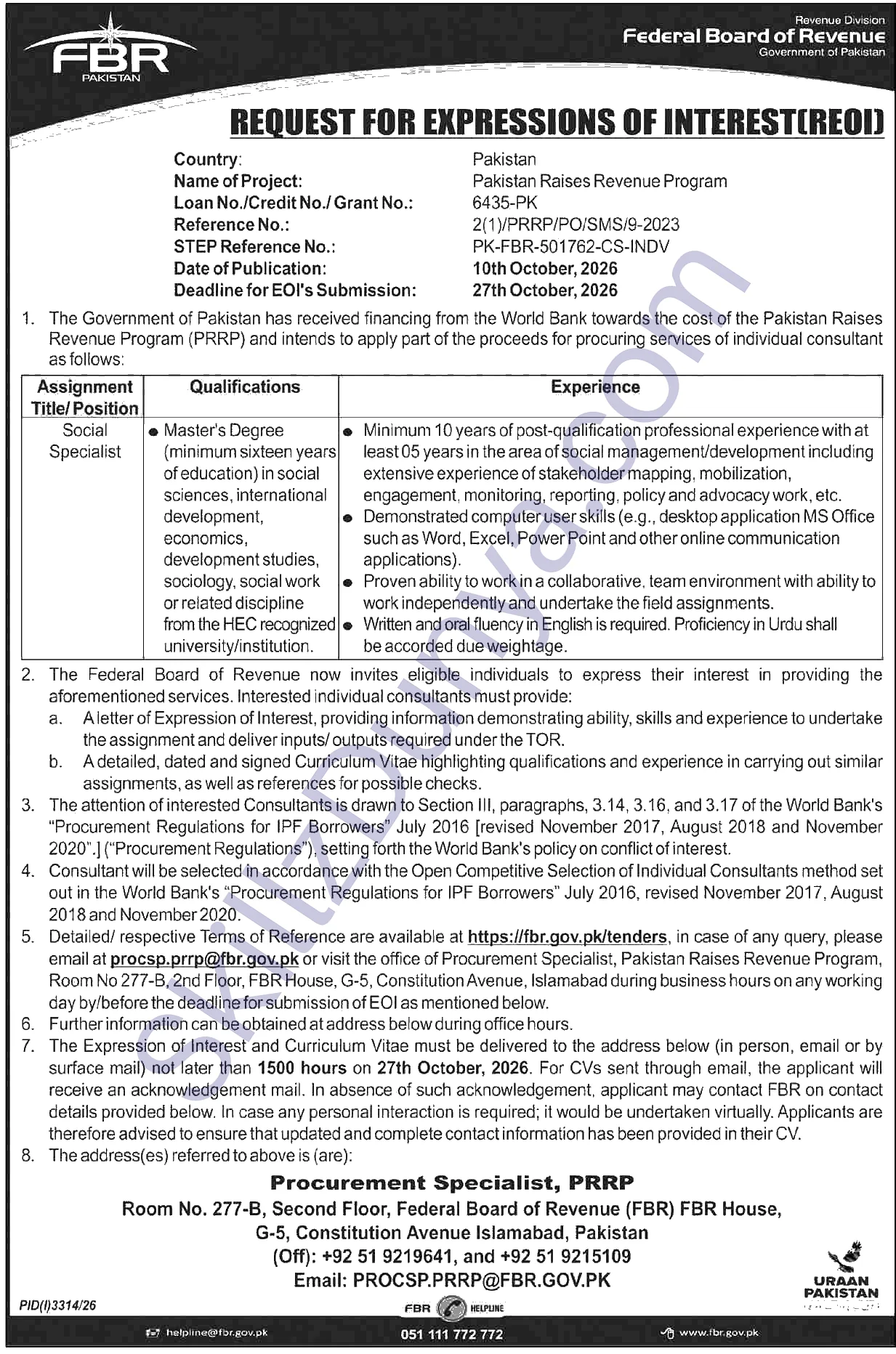 Federal Board of Revenue (FBR) Islamabad Jobs 2026 — Social Specialist — Official Newspaper Advertisement | SkillzDunya