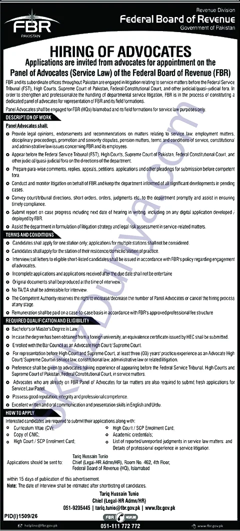 Federal Board Of Revenue FBRApply Jobs 2026 — Advocates (All Pakistan) — Official Newspaper Advertisement | SkillzDunya