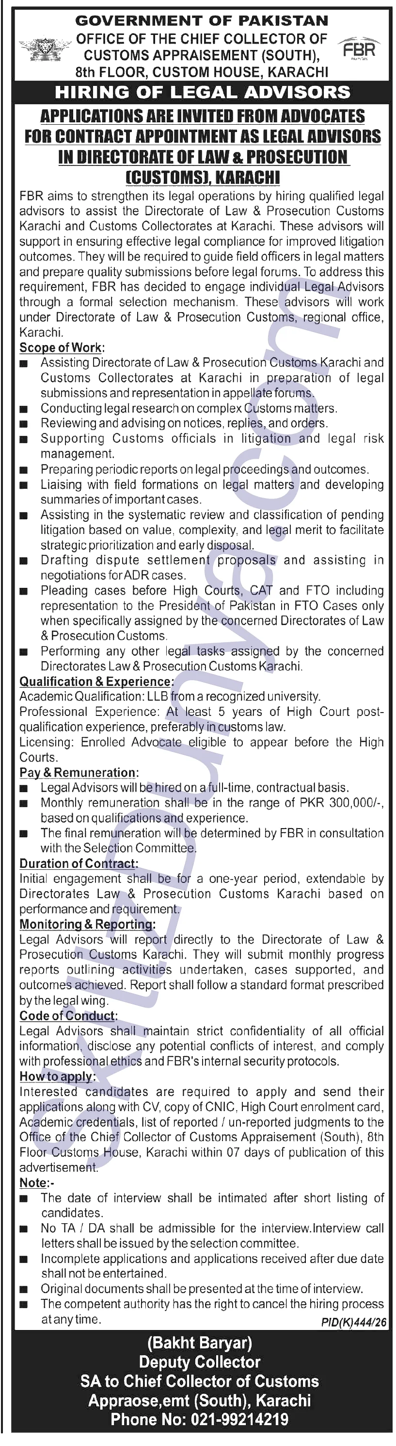 Federal Board Of Revenue FBRApply Karachi Jobs 2026 — Legal Advisor — Official Newspaper Advertisement | SkillzDunya