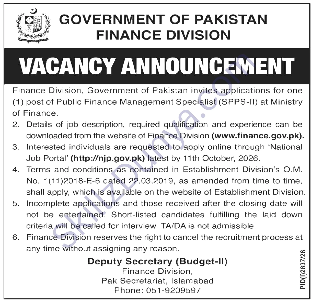 Finance Division Islamabad Jobs 2026 — Public Finance Management Specialist — Official Newspaper Advertisement | SkillzDunya