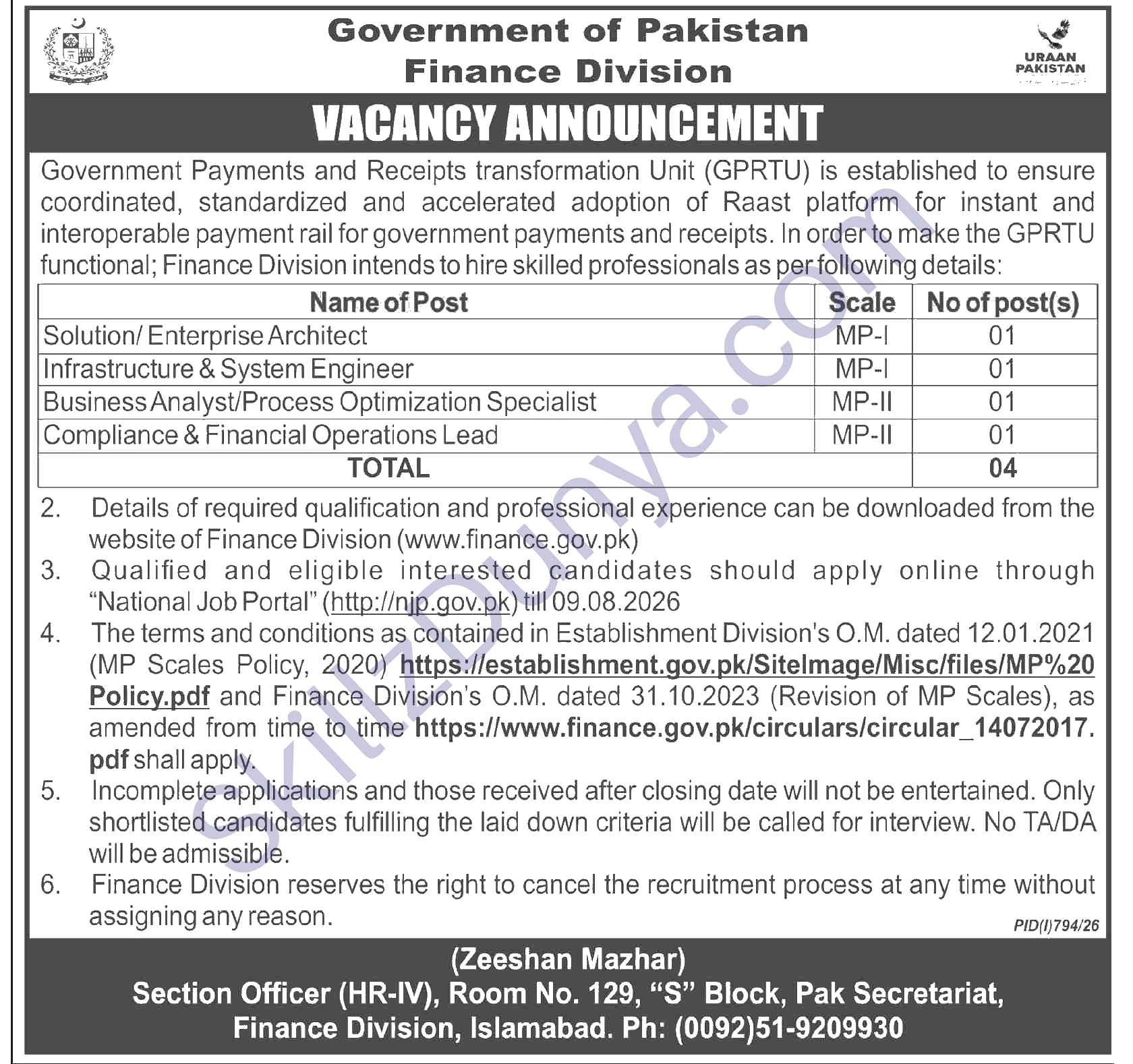 Finance Division Jobs 2026 — Payments, Receipts Transformation Unit GPRTU — Official Newspaper Advertisement | SkillzDunya