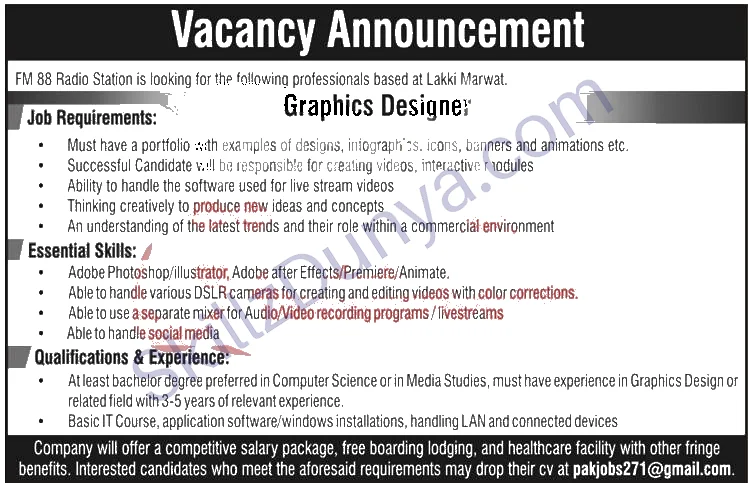 FM Radio Lakki Marwat Jobs 2026 — Graphics Designer — Official Newspaper Advertisement | SkillzDunya