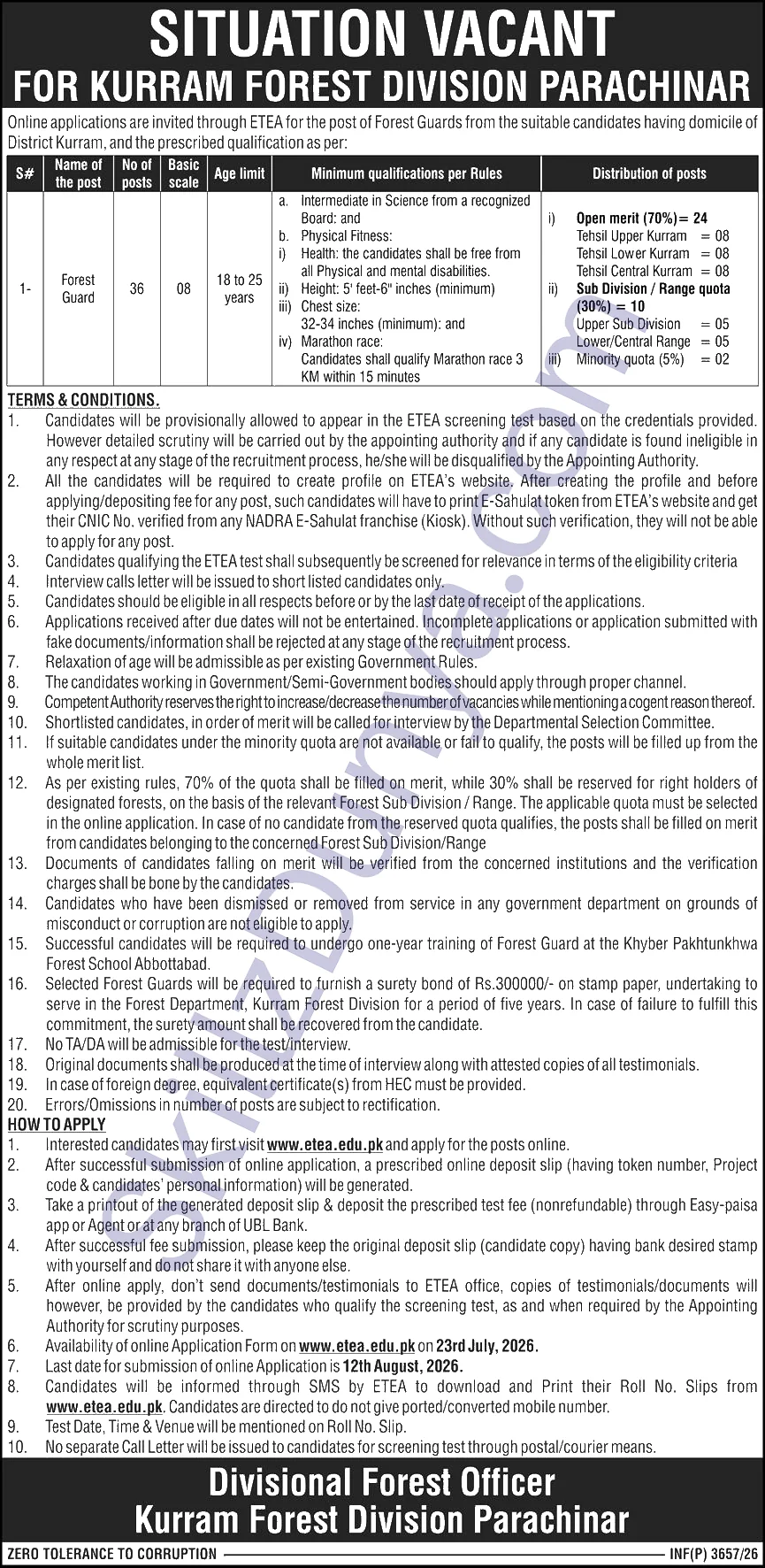 Forest Department Jobs 2026 — 36 Forest Guards ETEA — Official Newspaper Advertisement | SkillzDunya