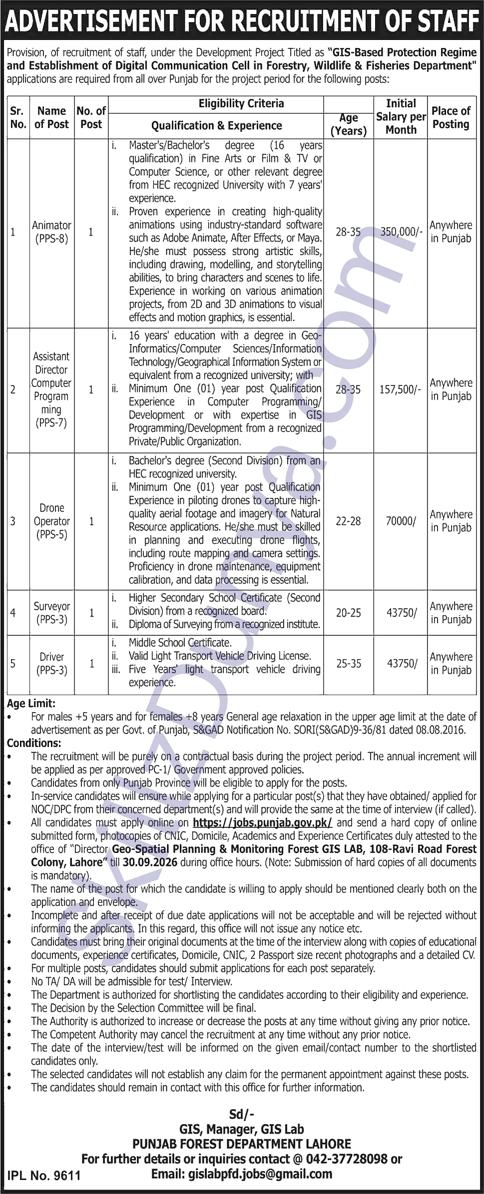 Forest Department Lahore Jobs 2026 — Animator (PPS-8), Drone Operator (PPS-5) & 2 More Posts — Official Newspaper Advertisement | SkillzDunya