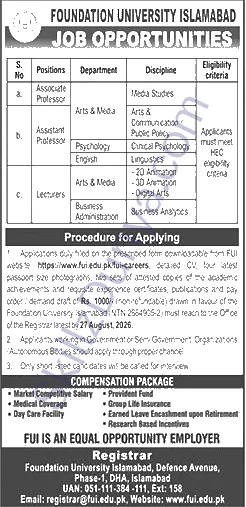 Foundation University Jobs 2026 — Teaching Faculty FUI — Official Newspaper Advertisement | SkillzDunya