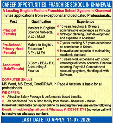 Franchise School In Khanewal — Franchise School in Khanewal Jobs 2026 — Principal (Female), Pre-School / Primary Head (Female), Accountant Pakistan