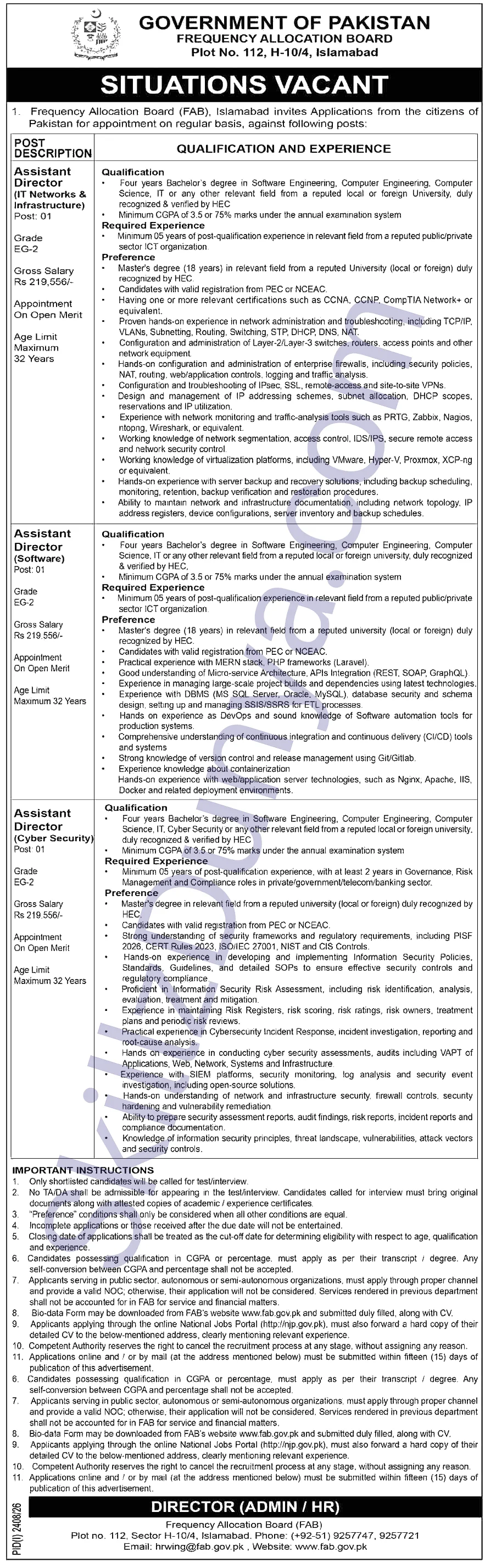 Frequency Allocation Board (FAB) Jobs 2026 — Assistant Directors — Official Newspaper Advertisement | SkillzDunya