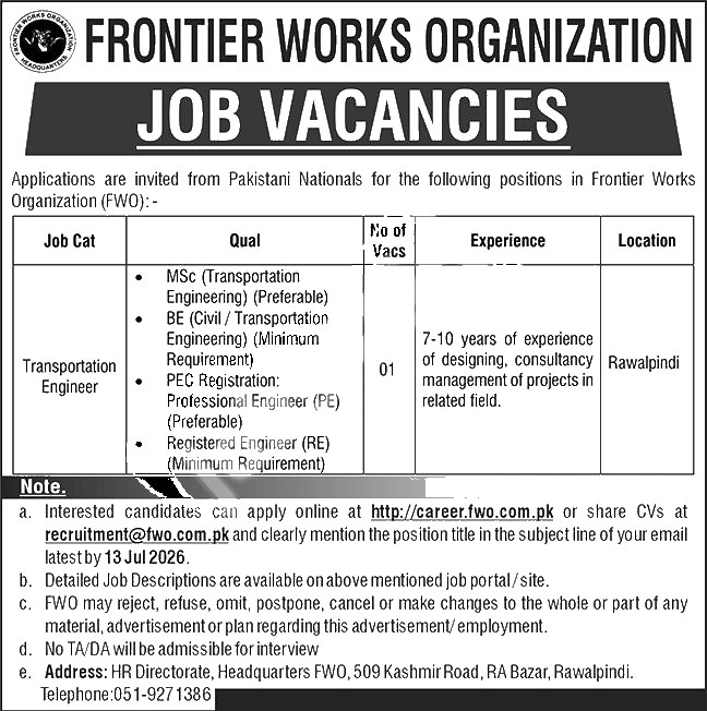 Frontier Works Organization (FWO) Jobs 2025 2026 — Official Newspaper Advertisement | SkillzDunya