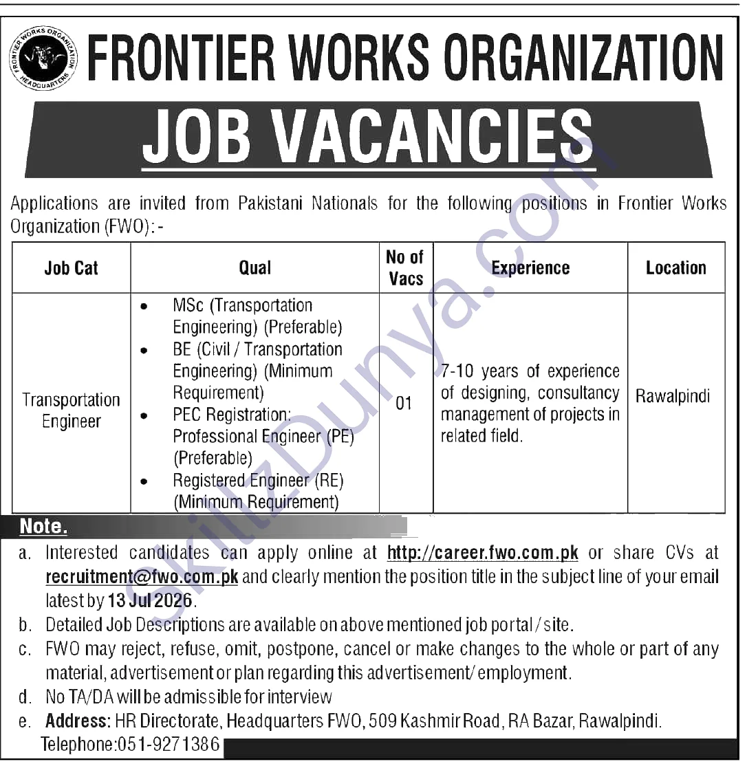 Frontier Works Organization (FWO) Jobs 2026 — Official Newspaper Advertisement | SkillzDunya