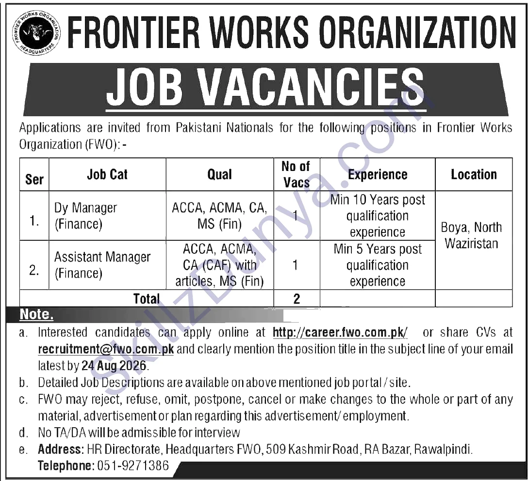Frontier Works Organization (FWO) Jobs 2026 — Dy Manager (Finance), Assistant Manager (Finance) — Official Newspaper Advertisement | SkillzDunya