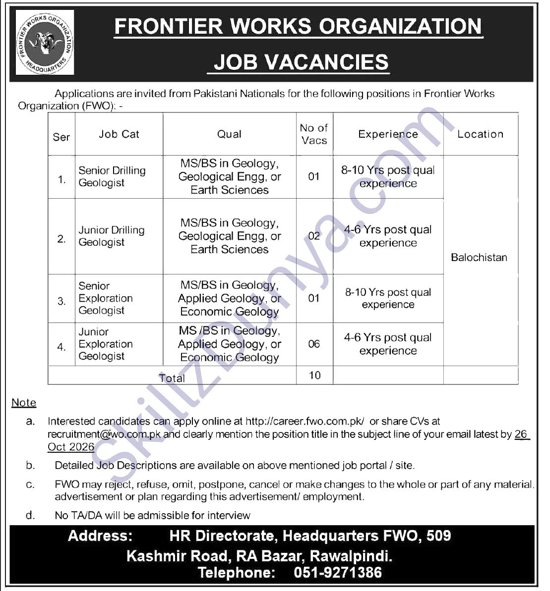 Frontier Works Organization (FWO) Rawalpindi Jobs 2026 — Junior Exploration Geologist, Junior Drilling Geologist & 2 More Posts — Official Newspaper Advertisement | SkillzDunya