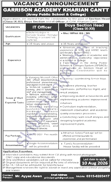 Pakistan Army Jobs 2026 — IT Officer, Boys Section Head (Class IX-XII) — Official Newspaper Advertisement | SkillzDunya