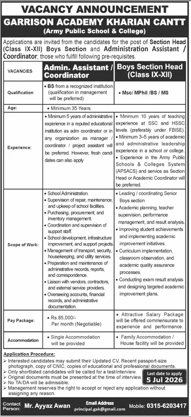 Garrison Academy Kharian Cantt Jobs 2026 — Admin. Assistant / Coordinator, Boys Section Head (Class IX-XII) — Official Newspaper Advertisement | SkillzDunya