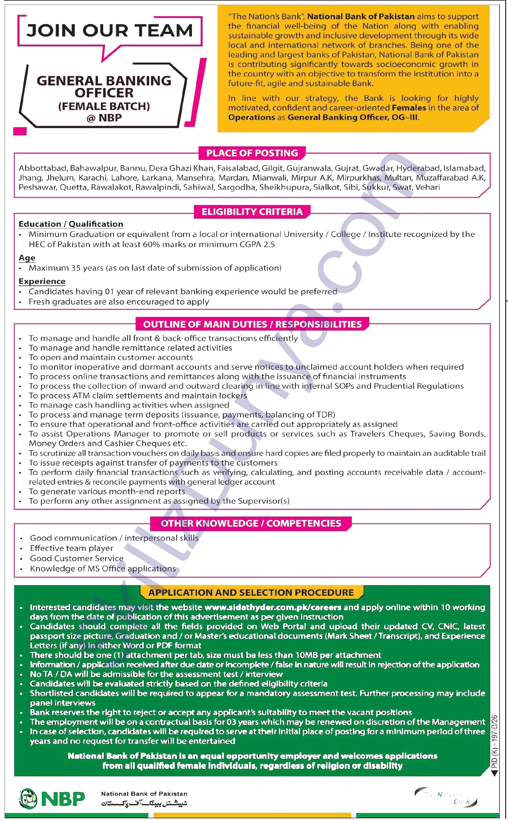 National Bank of Pakistan (NBP) Jobs 2026 — General Banking Officer (Female Batch, OG-III) — Official Newspaper Advertisement | SkillzDunya
