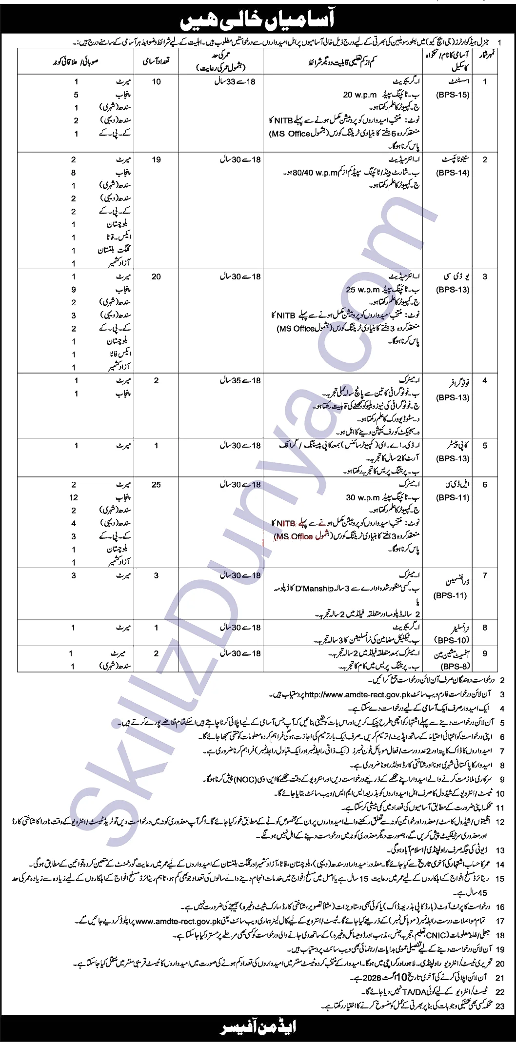 Pakistan Army Jobs 2026 — Assistants, Clerks, Stenotypists — Official Newspaper Advertisement | SkillzDunya