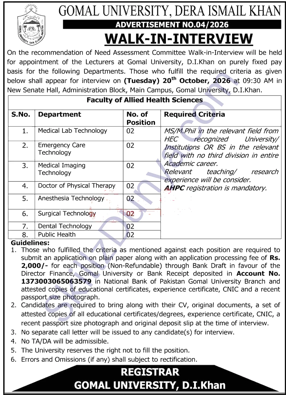 Gomal University Di Khan — Gomal University DI Khan Dera Ismail Khan Jobs 2026 — Lecturer (Medical Lab Technology), Lecturer (Emergency Care Technology) & 6 More Posts | Walk-in Interview Pakistan