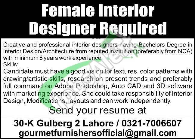 Official Department — Gourmet Furnishers Jobs 2026 — Gourmet Female Interior Designer | Apply Online Pakistan 2026