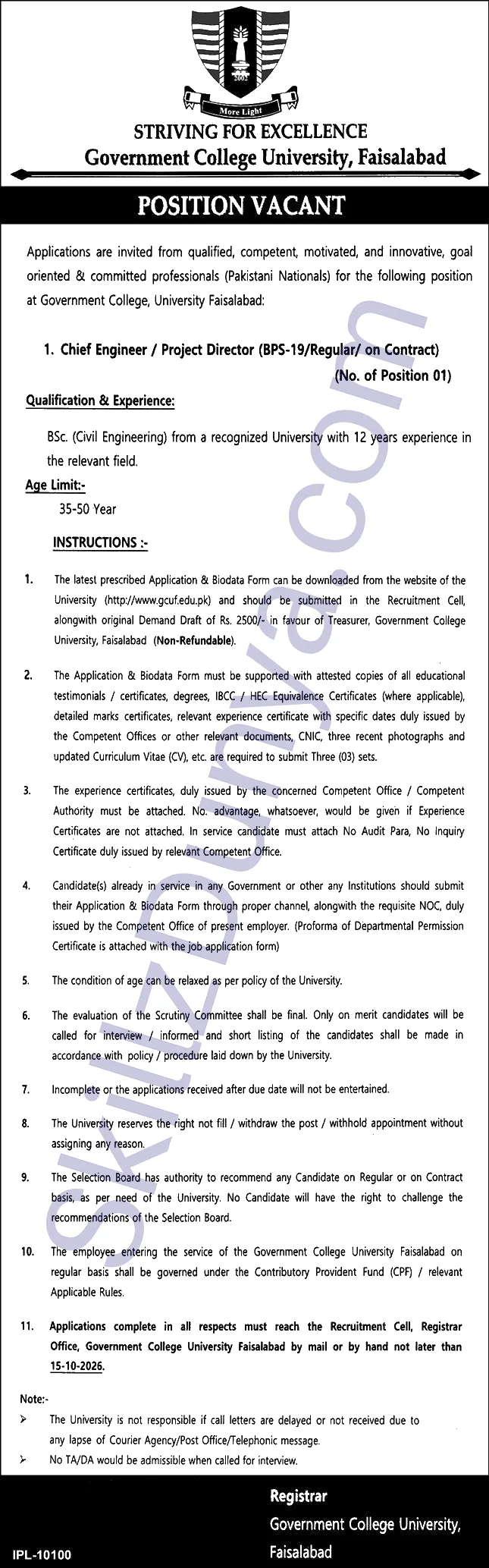 Government College University Faisalabad Gcuf — Government College University Faisalabad Jobs 2026 — Chief Engineer / Project Director Pakistan