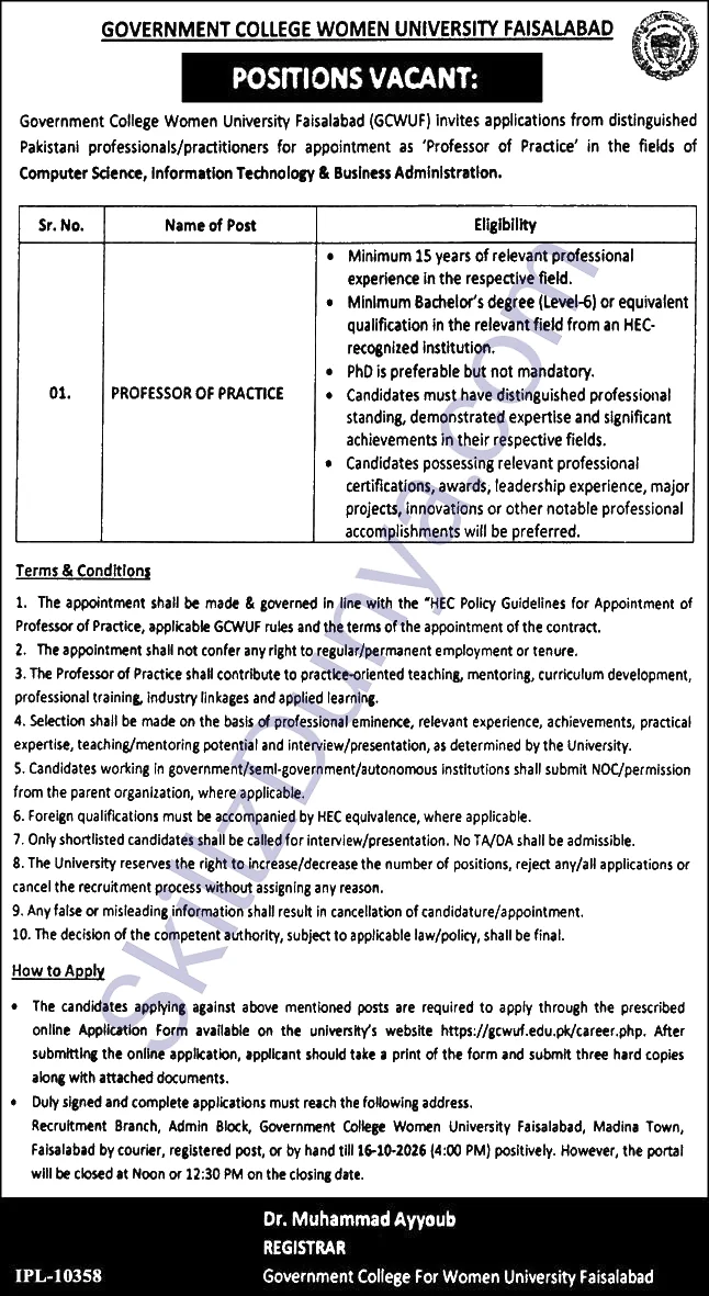 Government College Women University Faisalabad — Government College Women University Faisalabad Jobs 2026 — Professor Practice Pakistan