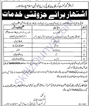 Government Graduate College For Women Islampura Lahore — Government Graduate College for Women Islampura Lahore Jobs 2026 — Lecturer, Music Teacher & 4 More Posts Pakistan