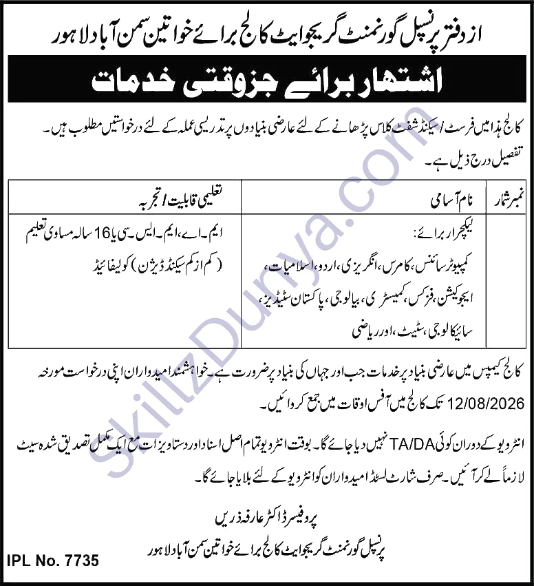 Government Graduate College For Women Samanabad Lahore — Government Graduate College for Women Samanabad Jobs 2026 Pakistan