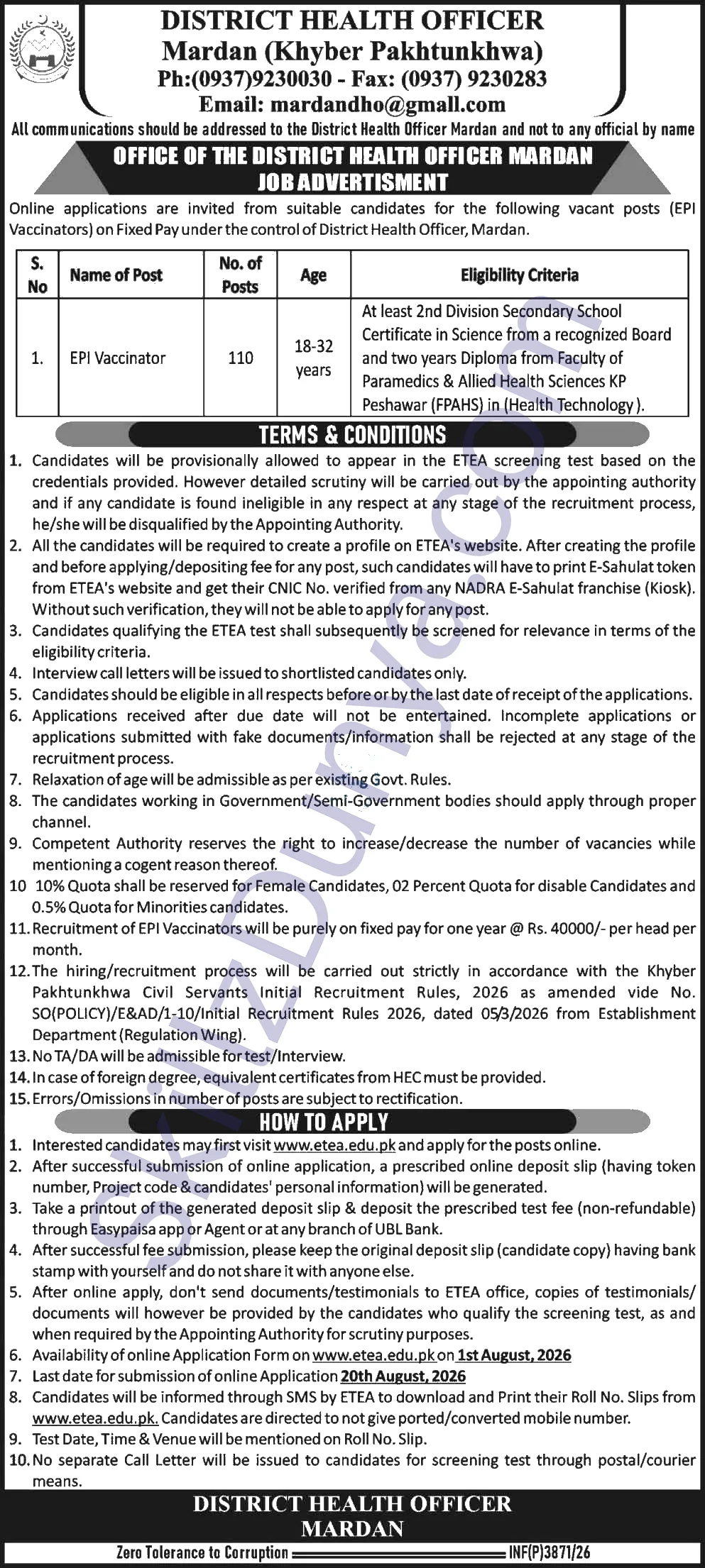 Government Health Department Jobs 2026 — 110+ EPI Vaccinator ETEA — Official Newspaper Advertisement | SkillzDunya