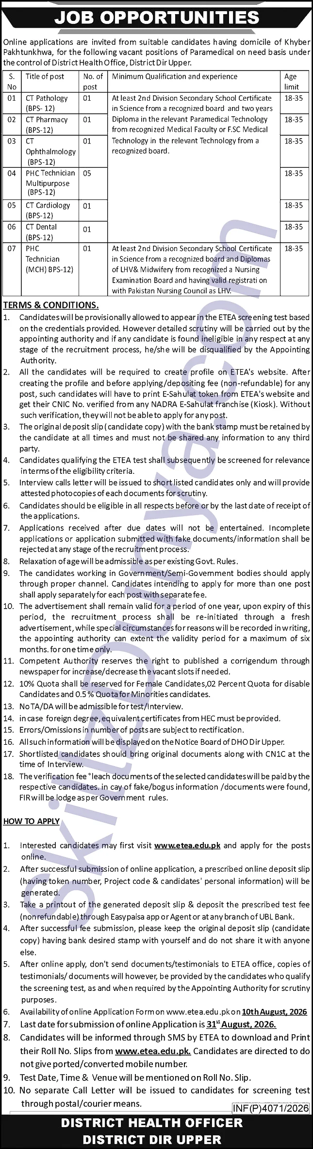 Government Health Department Jobs 2026 — District Dir Upper — Official Newspaper Advertisement | SkillzDunya