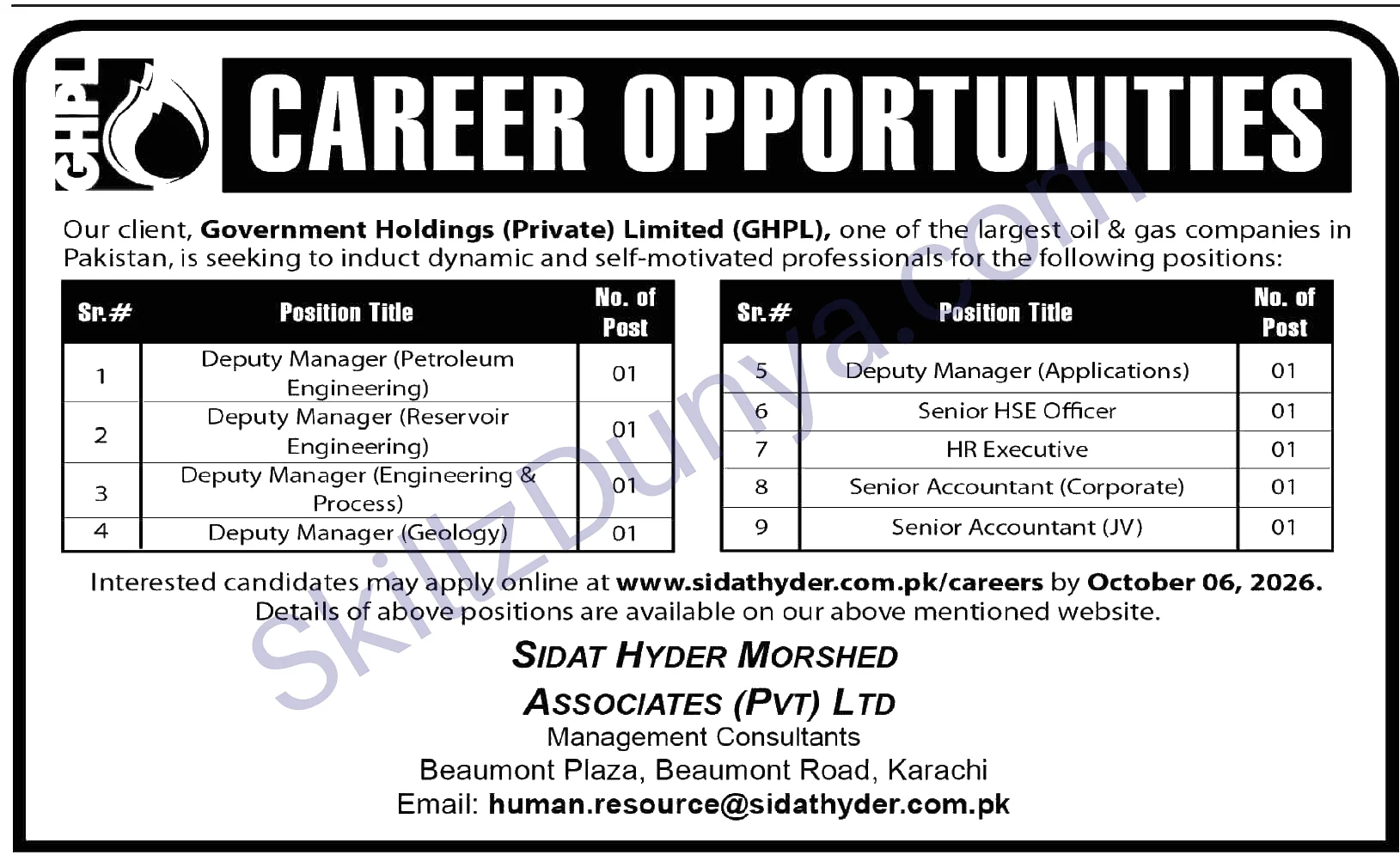 Government Holdings Private Limited Karachi Jobs 2026 — Deputy Manager (Petroleum Engineering), Deputy Manager (Reservoir Engineering) & 7 More Posts — Official Newspaper Advertisement | SkillzDunya
