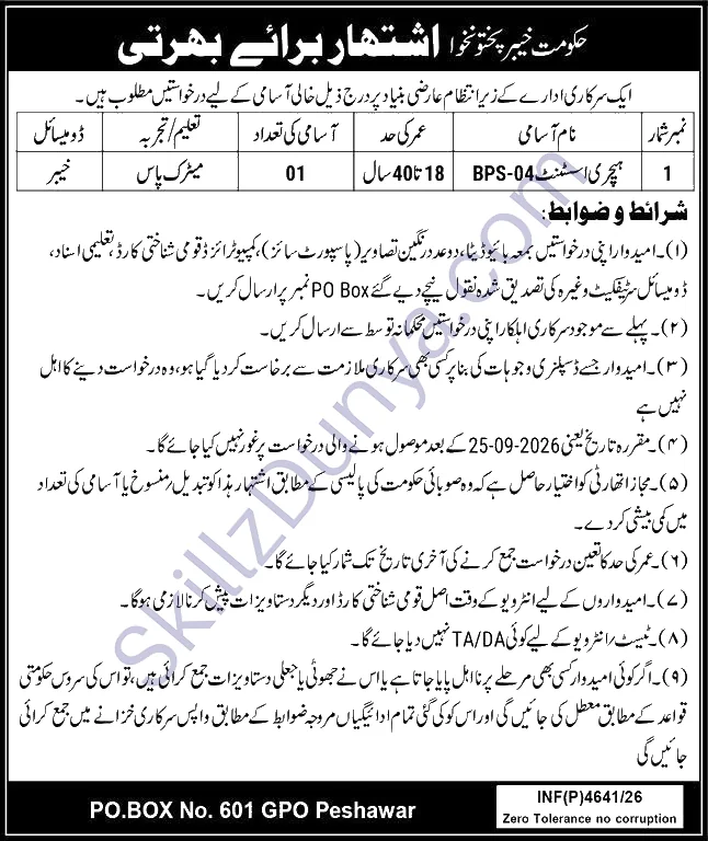 Government Of Khyber Pakhtunkhwa Organization Peshawar — Government of Khyber Peshawar Jobs 2026 — Mechanic Pakistan