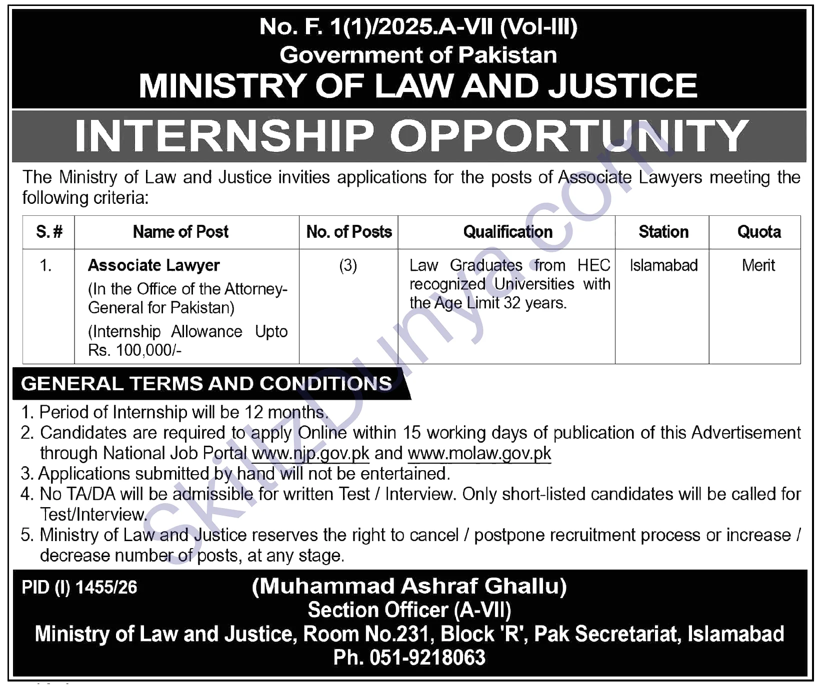 Government of Pakistan Ministry of Law and Justice (MOLAW) Jobs 2026 — Associate Lawyer Internship Program — Official Newspaper Advertisement | SkillzDunya