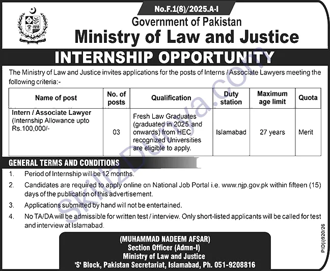 Government of Pakistan Ministry of Law and Justice (MOLAW) Jobs 2026 — Interns, Associate Lawyers — Official Newspaper Advertisement | SkillzDunya