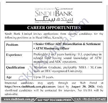 Government of Sindh — Jobs 2026 — ATM Monitoring Officer, Sr Officer Karachi — Official Newspaper Advertisement | SkillzDunya