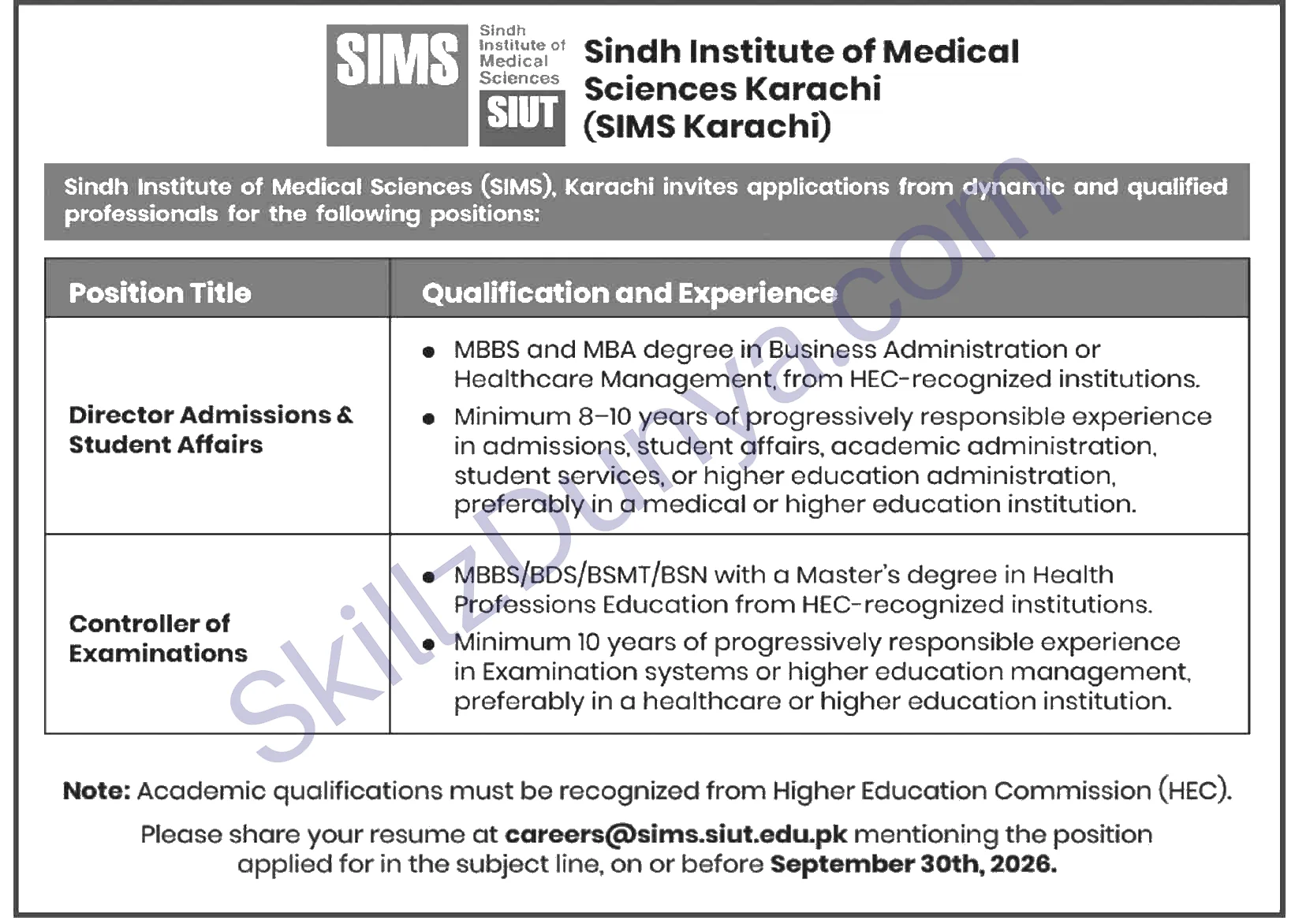 Government of Sindh — Karachi Jobs 2026 — Director Admissions & Student Affairs, Controller Examinations — Official Newspaper Advertisement | SkillzDunya