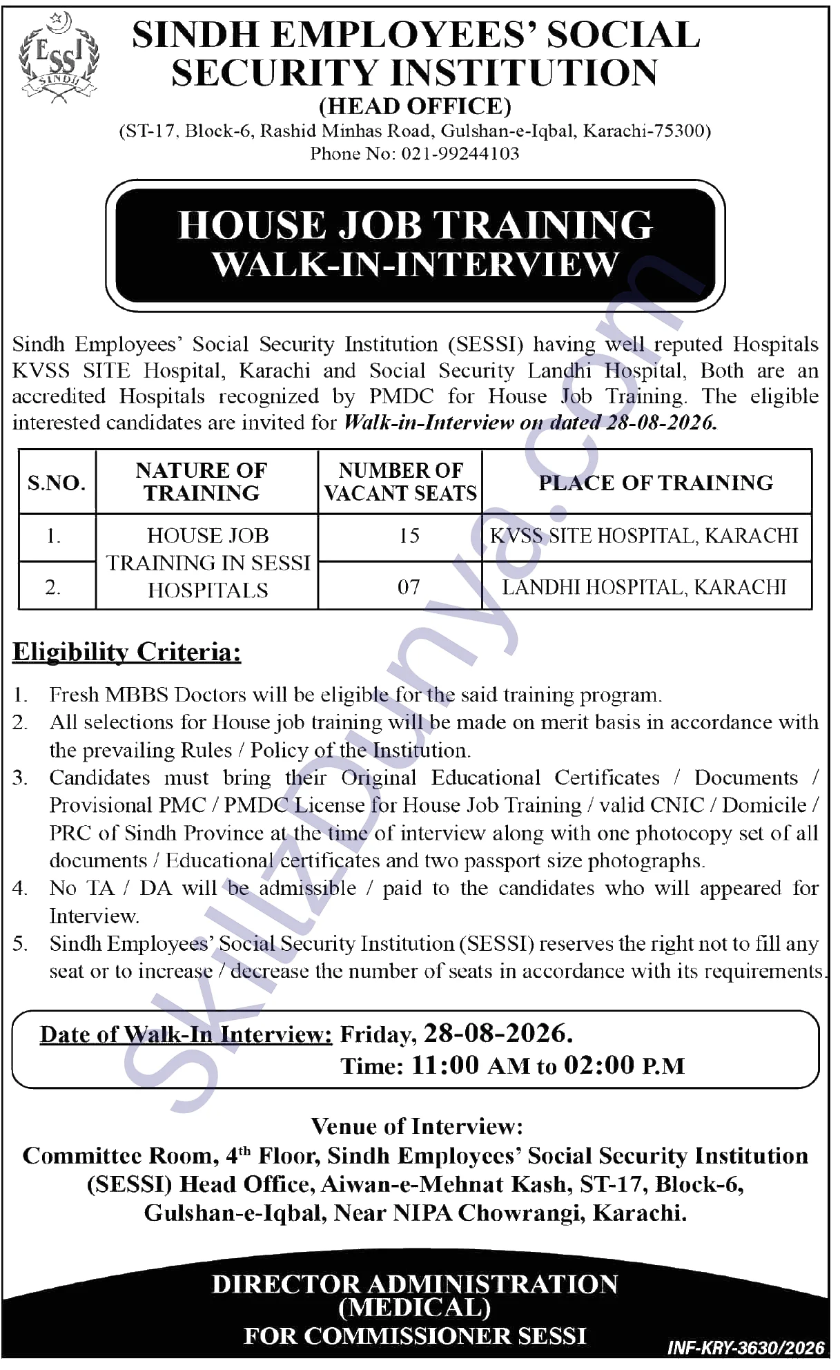 Government of Sindh — Karachi Jobs 2026 — House Training SESSI Hospitals | Walk-in Interview — Official Newspaper Advertisement | SkillzDunya