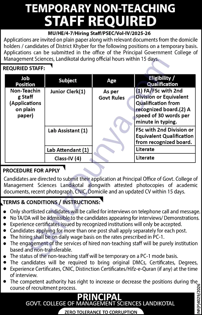 Govt College of Management Sciences Landikotal Jobs 2026 — Non-Teaching — Official Newspaper Advertisement | SkillzDunya
